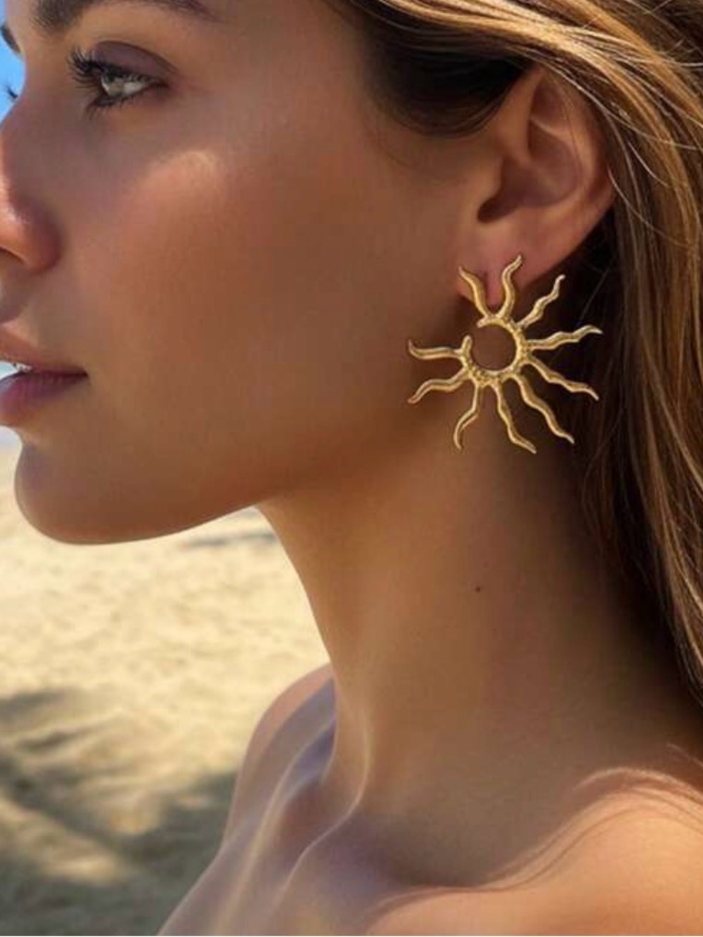 Gold Sunburst Hoop Earrings with Black Center - Picture 3 of 6